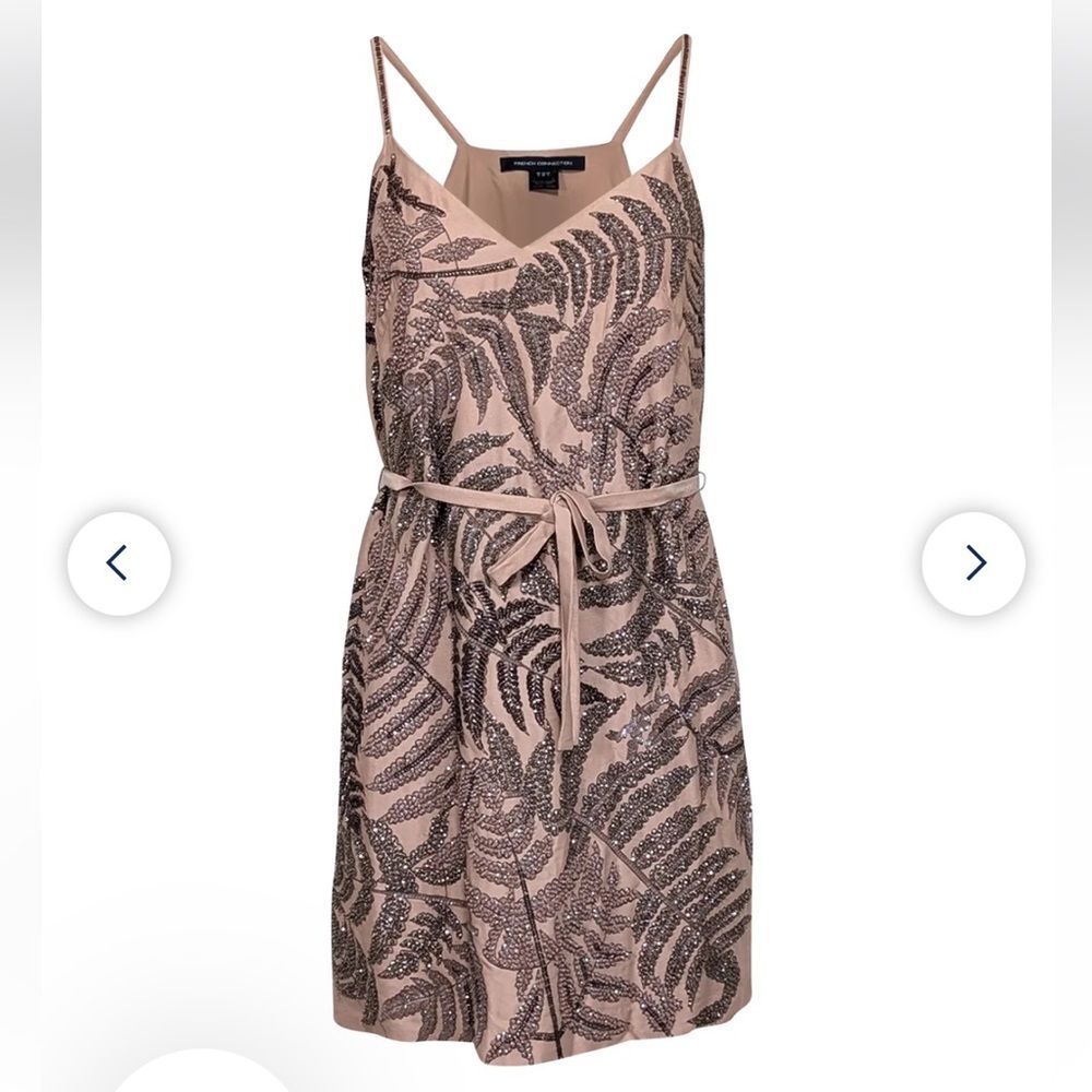 French Connection - Tan Sleeveless w/ Beaded Leaves Mini Dress Sz 2